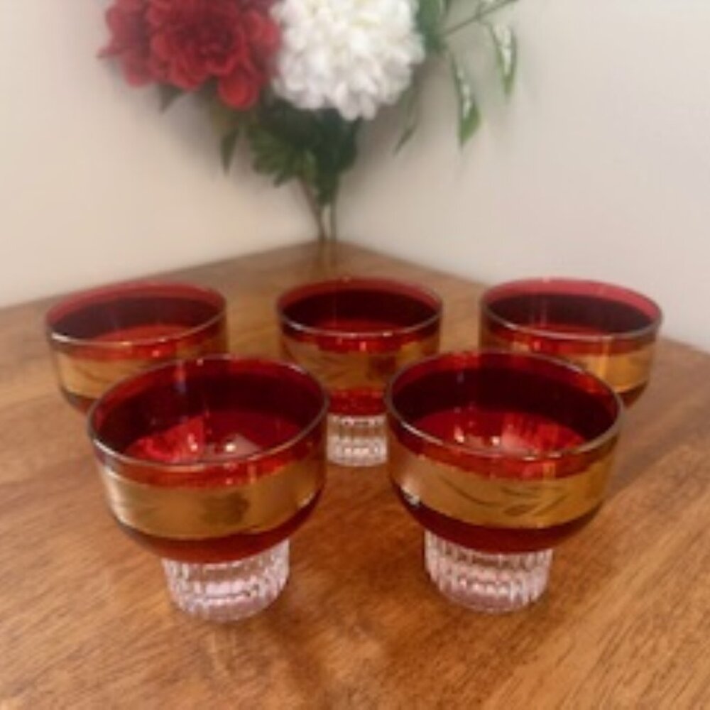 Set‎ of 6 Bohemian Ruby Red and Gold Cocktail Glasses – Vintage 6 oz Glassware
